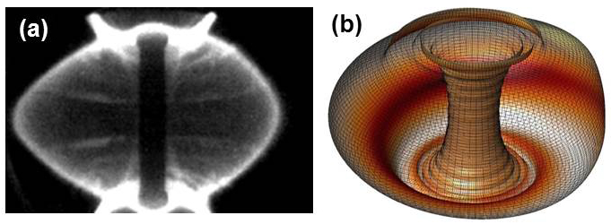 (a) fast camera image of MAST plasma (21436, t ~ 0.28s) displaying an RWM and (b) theoretically computed n = 1 RWM eigenfunction of unstable plasma 7090.